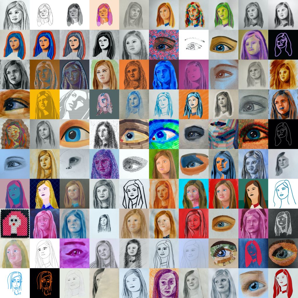 Photo collage of 100 portraits of Ava by Karen