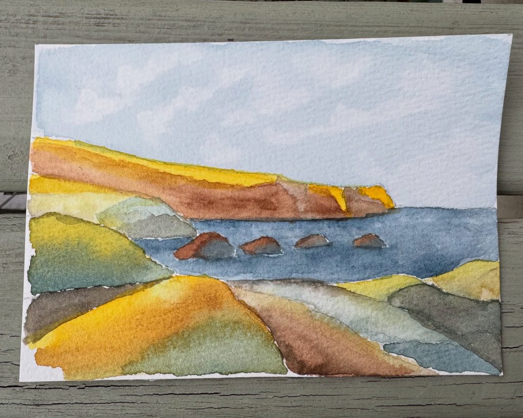 Photo of a Scottish seascape ostcard painting in watercolour