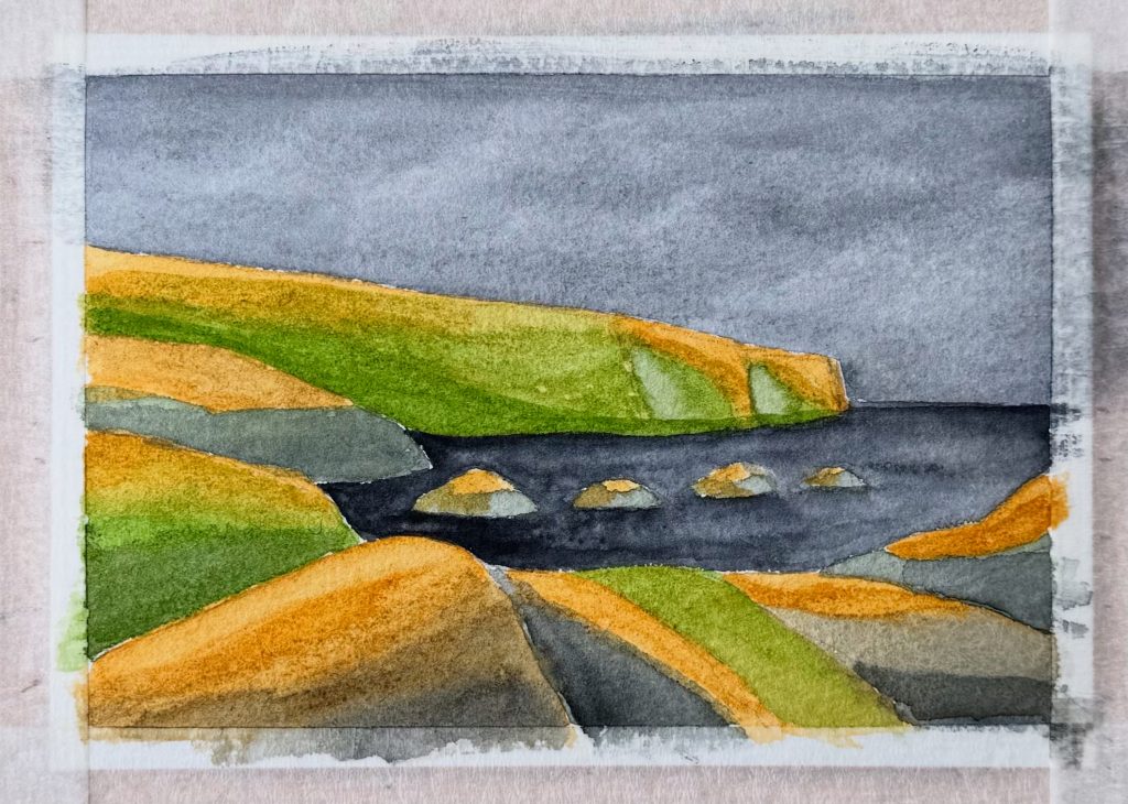 Photo of a Scottish seascape ostcard painting in watercolour