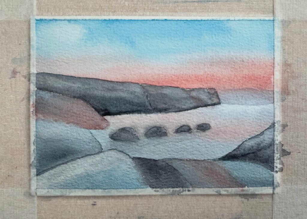 Photo of a Scottish seascape ostcard painting in watercolour