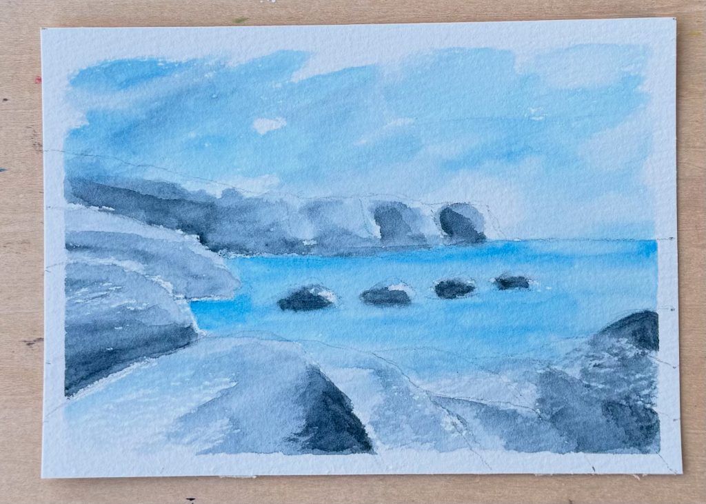 Photo of a Scottish seascape ostcard painting in watercolour
