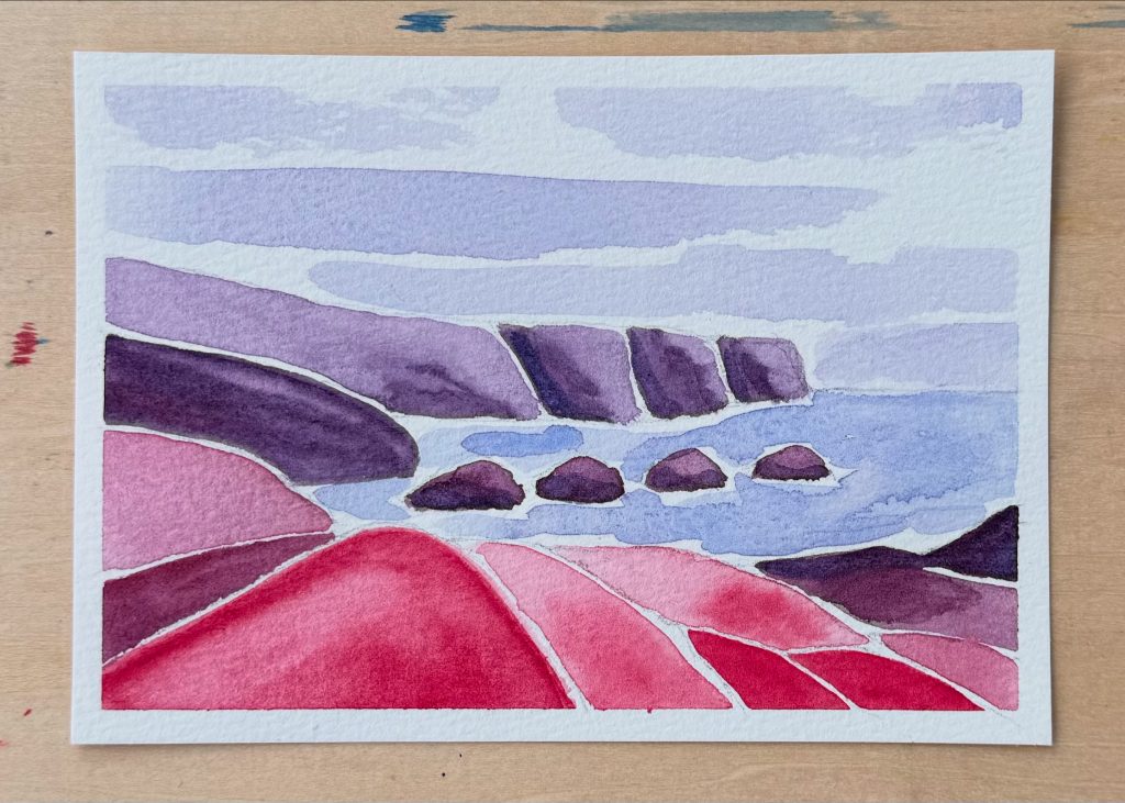 Photo of a Scottish seascape ostcard painting in watercolour