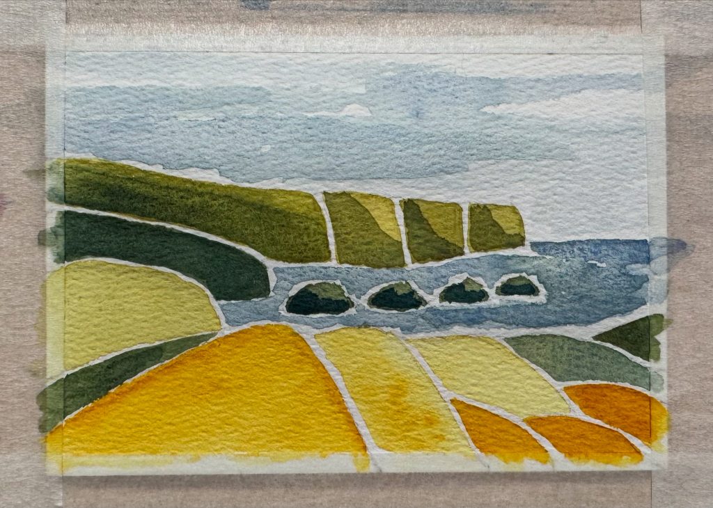 Photo of a Scottish seascape ostcard painting in watercolour